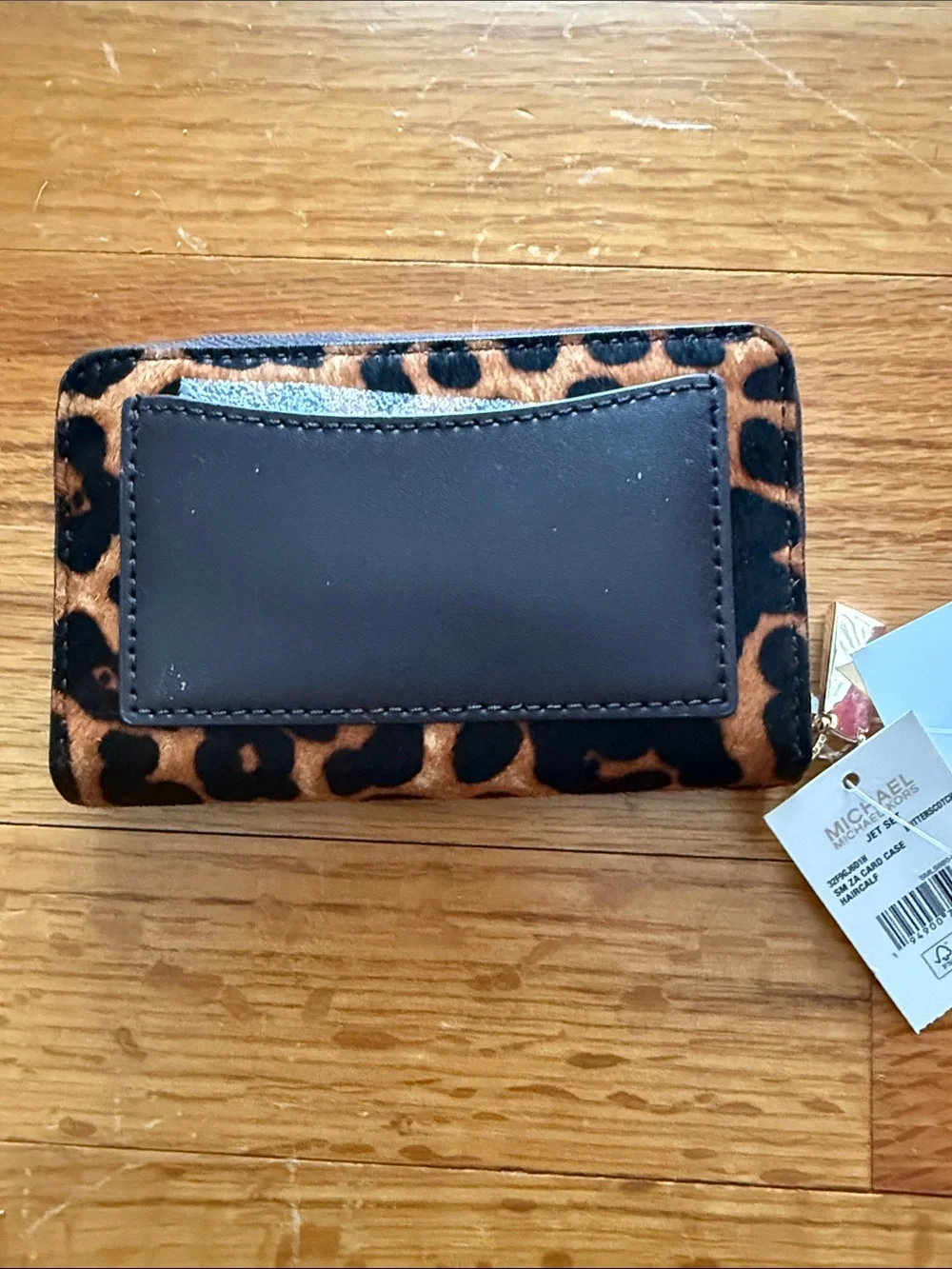 Michael Kors Leopard Print Zip Card Holder - Brown Black with Gold Logo